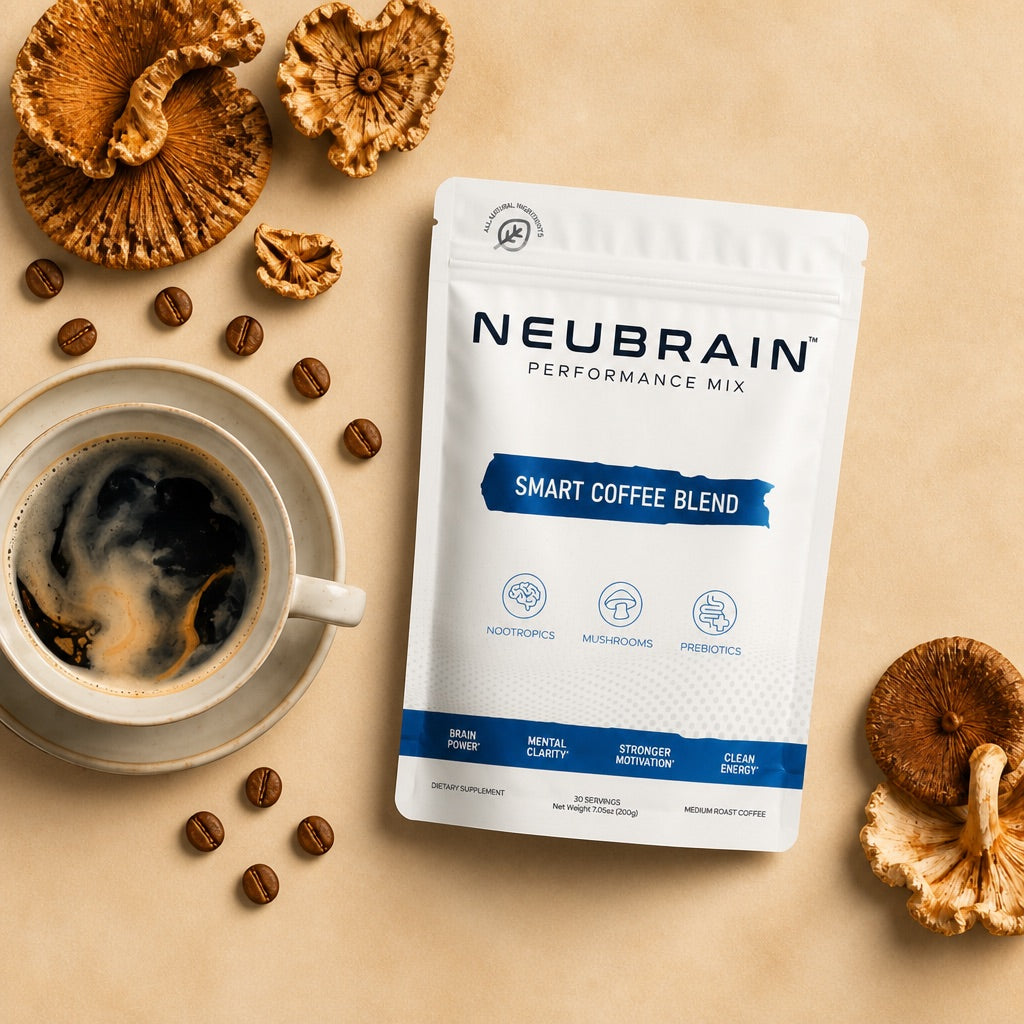 Neubrain Performance Mix smart coffee blend with coffee cup, beans, and functional mushrooms